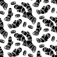 ginger root pattern, whole and pieces. Culinary seasonings and spices, hand-drawn. Seamless root. A repeating texture in black silhouette on a white background. Seasonings, spices, and food additives vector
