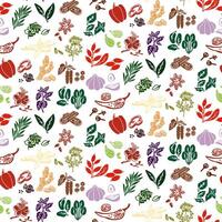 a pattern with herbs and spices in the form of colored silhouettes, whole and pieces on a white background. A variety of herbs, seeds, vegetables for different taste preferences. Kitchen texture vector
