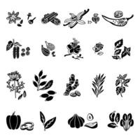 A collection of herbs and spices in the form of black silhouettes, whole and in pieces on a white background. A variety of herbs, seeds, vegetables for different taste preferences. Lots of pieces vector