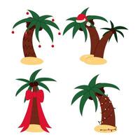 set of palm trees with coconuts decorated with Christmas toys, garland, a bow, a Santa hat on a white background. Merry Christmas. Suitable for printing on greeting cards, posters, banners, souvenirs. vector
