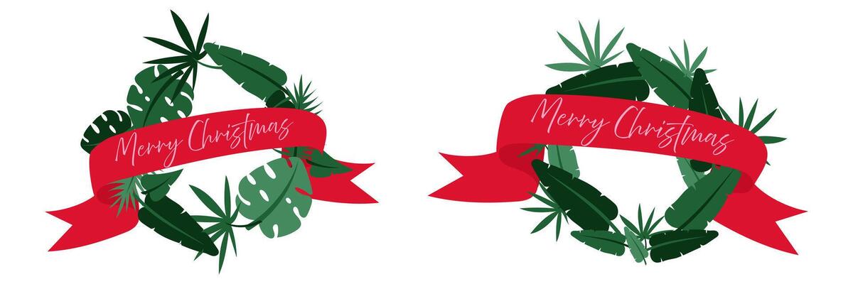 A set of tropical palm leaf wreaths for party invitations, posters. Flat exotic frame with ribbon. A collection of tropical motifs with the inscription Christmas. Winter holiday in the tropics, warm