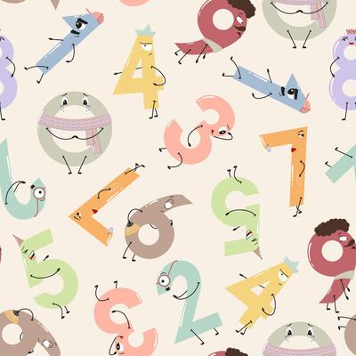 Playful cartoon pattern of numbers as unique characters