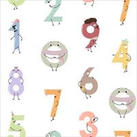 Playful cartoon pattern of numbers as unique characters in pastel colors, educational design. vector