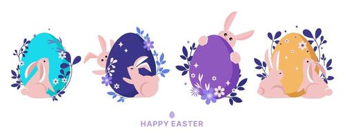 Happy Easter design.Easter Rabbits with colored eggs and Spring plants and flowers,compositions collection.Holiday card,banner, social media post, creative design elements.Abstract style design. vector