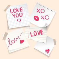 Realistic notes paper with Love message written with lipstick set. Love note template with tape collection.Scrapbook composition with notes paper and tapes Valentines Day design. illustration vector