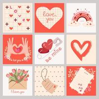 Valentine's Day Romantic card collection. Romantic backgrounds with design elements of hearts, flowers and romantic attributes. Valentine's Day icons, square backgrounds, elements. illustration vector