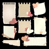 Torn old sheets notebook notes, paper cut Scrapbook elements. Realistic collage elements with hearts, scrap notebook sheet. Retro paper. Love note,memos,list. Vintage collage stickers set. vector