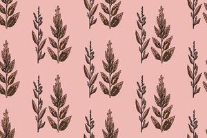 Abstract botanical plants and flowers, seamless pattern illustration. Repeating floral print in pastel colors on pink background. Graphic design for Wedding invitation Cover Wrapping pack Textile vector