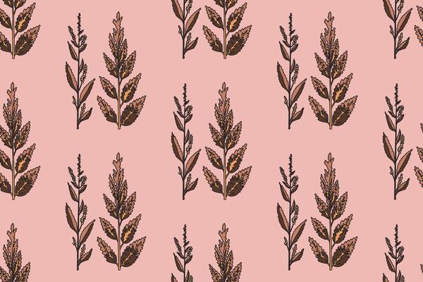 Abstract botanical plants and flowers, seamless pattern illustration. Repeating floral print in pastel colors on pink background. Graphic design for Wedding invitation Cover Wrapping pack Textile
