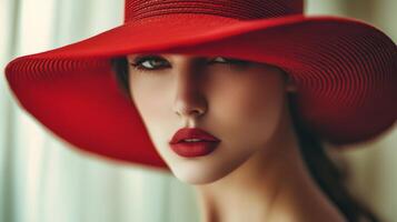 A striking woman in a vibrant red hat striking a confident pose indoors during golden hour photo
