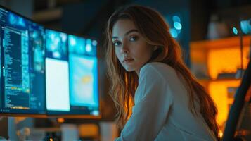 A thoughtful developer immersed in code amid a glowing workspace at night photo