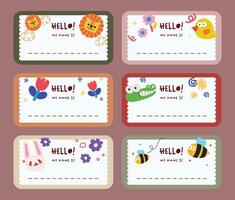 Notebook labels with cute animal kids icons subjects, colorful design, template for school book labels, name and class set stickers vector