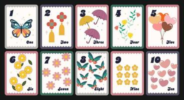 Flash cards numbers 1 to 10 in English for teaching, learn numbers from 0 to 10, printable education for kids vector