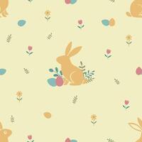 Seamless Easter pattern with bunny, Easter eggs and flowers on yellow background vector