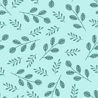 Seamless botanical pattern with green branches and leaves on a blue background vector