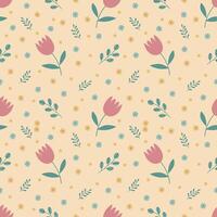 Seamless spring pattern with tulips, yellow daisies and green twigs on a yellow background vector