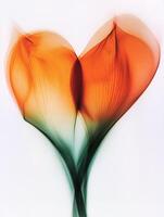 A blurred, orange heart-shaped red flower in motion against a white background photo