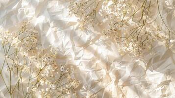 Crumpled paper with flowers top view background mockup photo
