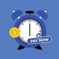 Payment time in clock. Subscription payment. daily payment time. Flat clock with button pay. pay scheduled on timer. vector