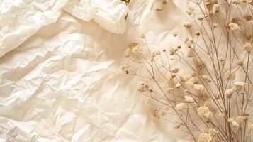 Crumpled paper with flowers top view background mockup photo