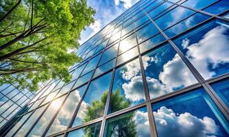 reflexión de nubes en vaso oficina edificio en Respetuoso del medio ambiente ambiente foto