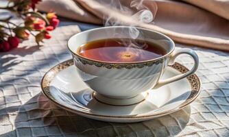 There is a bright cup of hot tea on the table in the rays of the sun photo