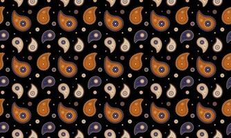 Elegant paisley pattern in orange, beige, and navy on a black background. Perfect for textile design, wallpaper, or fashion-related projects. vector