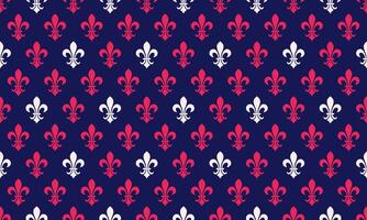 Elegant repeating pattern of red and white fleur-de-lis on a dark blue background. Perfect for website banners, textile designs, or wallpaper. A sophisticated and versatile design. vector