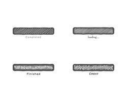 Hand-drawn progress bar icons showing Completed Loading Finished and Loaded statuses. Perfect for websites, apps, or presentations needing a unique, sketched style. vector