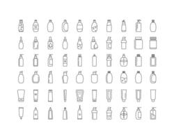 Extensive collection of minimalist cosmetic container line icons. Perfect for websites, apps, and packaging design. Clean, modern style suitable for beauty, skincare, and health-related projects. vector