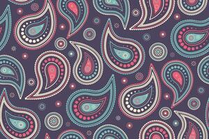 Vibrant paisley pattern in teal, coral, and cream on a deep purple background. Perfect for textile design, wallpaper, or fashion projects. Adds a touch of bohemian elegance to any design. vector