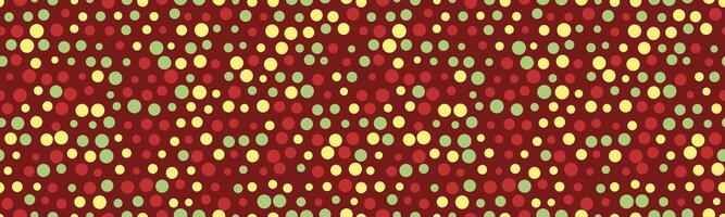 Vibrant, playful polka dot pattern in red, yellow, and green on a maroon background. Perfect for textile design, wrapping paper, or festive digital projects. vector