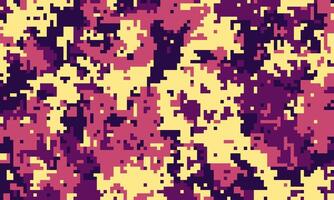 Abstract pixel art camo pattern in purple, pink, and yellow. Ideal for fashion, gaming, or tech backgrounds. High-resolution digital texture offers versatile design applications. vector