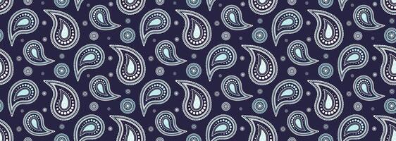 Elegant paisley pattern in cool blue tones on a navy background. Perfect for textile design, wallpaper, or website backgrounds. Repeatable seamless design adds visual interest and sophistication. vector