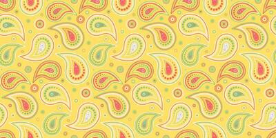 Vibrant paisley pattern in cheerful yellow, red, and green. Perfect for textile designs, wrapping paper, or website backgrounds. The playful style adds a touch of modern elegance. vector