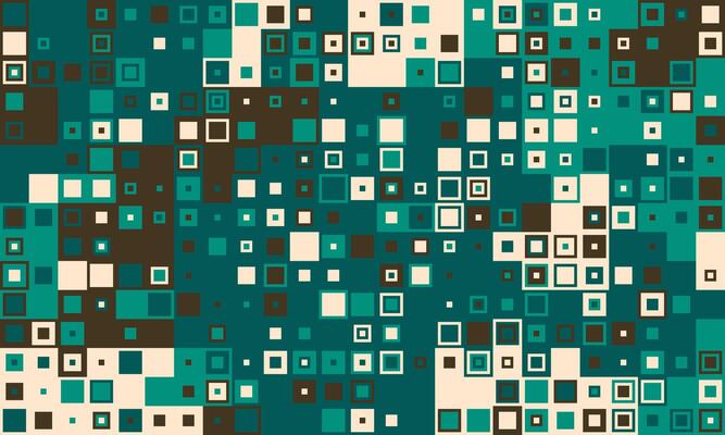 Abstract geometric background featuring a vibrant pattern of teal, beige, and brown squares of varying sizes. Ideal for website banners, modern presentations, or textile design.
