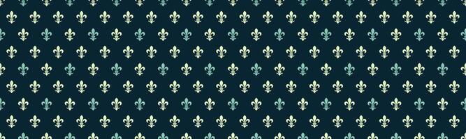 Elegant repeating pattern of fleur-de-lis in soft pastel hues on a dark background. Ideal for textile design, wallpaper, website backgrounds, and branding projects. vector