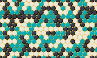 Vibrant seamless pattern of teal, black, and off-white circles arranged in a geometric design on a mustard yellow background. vector