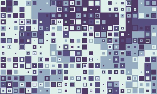 Abstract geometric background with a playful arrangement of squares in varying shades of blue and purple.