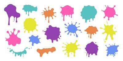 Isolated paint splashes, ink drops, liquid drips and grunge splashes. Stains with scattered and dripping droplets. Bright sprayed elements. Flat blobs of various shapes. Abstract illustrations. vector
