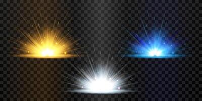 Bright golden, white and blue light effects set. Sunrise, sunrays, burst, star. Highlights and multiple realistic rays. Isolated elements on background for web designs, new year, birthday, festivals. vector