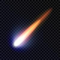 Light effect with a burning flying comet, highlight, meteor, shooting star. A realistic cosmic design element. An isolated neon ray on a dark background. Perfect for space designs. vector