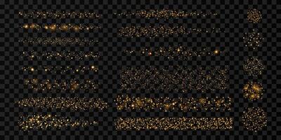 Golden glitter brush strokes with light effect. Set of isolated grain, dots, confetti, stars, sunlight, lines, particles on dark background. Abstract glowing elements for birthday, New Year designs. vector