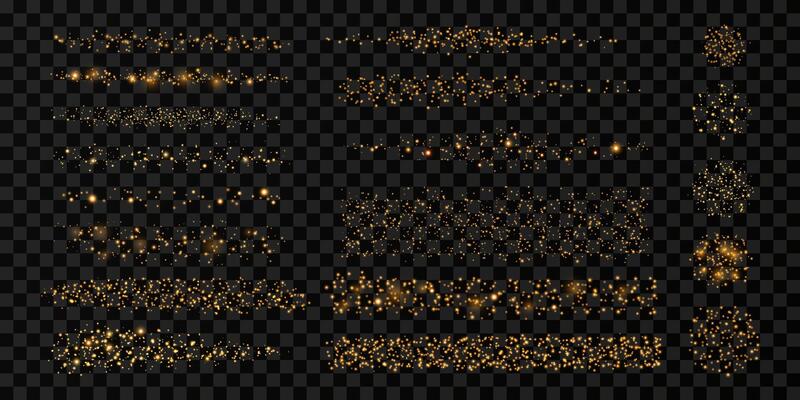 Golden glitter brush strokes with light effect. Set of isolated grain, dots, confetti, stars, sunlight, lines, particles on dark background. Abstract glowing elements for birthday, New Year designs.