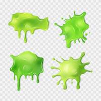 Liquid neon green slime blot set. Realistic slimy stains with drops. Different shapes of sticky dripping mucus. Isolated abstract textures. Toxic alien splashes, jelly, gelatin. vector