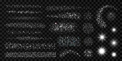 Silver glitter design set with light effect. Isolated strokes, dots, confetti, stars, sunlight, lines, particles on dark background. Abstract luxurious glowing elements for birthday, New Year designs. vector