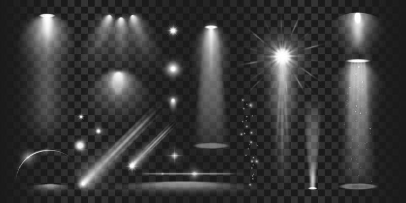 Bright lighting spotlights, star, flare, sparkle, glitter set with white light. An isolated light effects for concerts, scene illumination, the circus, parties and shows. An abstract design elements.