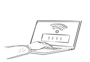 laptop doodle image, hand typing wifi password. isolated white background vector