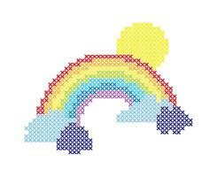 Cartoon rainbow, clouds and sun isolated on white background. Cross stitching. vector