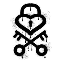 Heart shaped padlock with crossed keys drawn with black spray paint graffiti vector